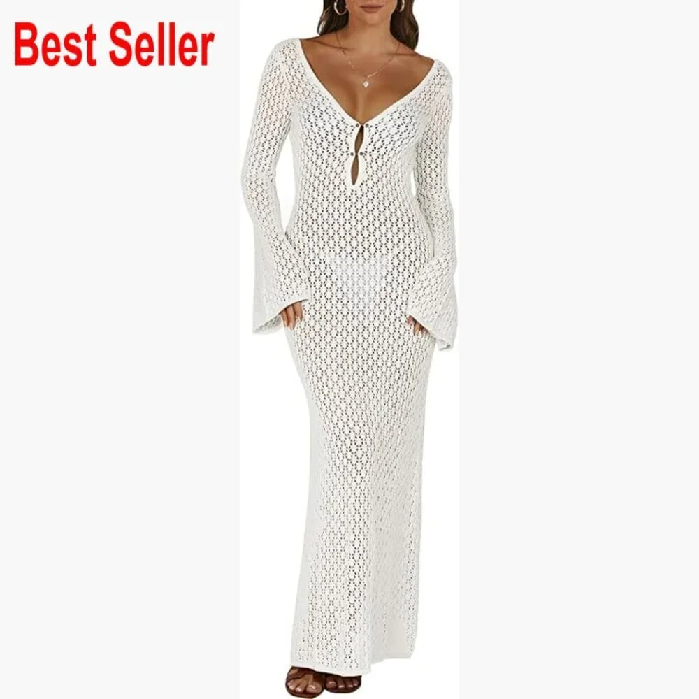 Acrylic Knit Crochet Cover Up Beach Dress V-Neck Hollow Out